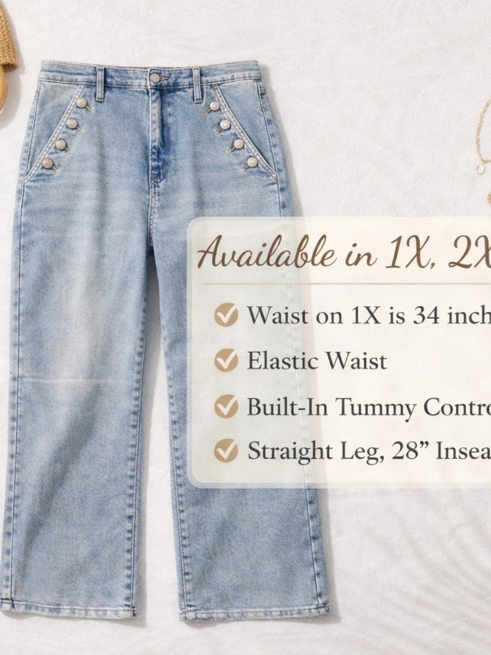 Saige Light Wash Straight Tummy Control Jeans 1X Stretch Denim